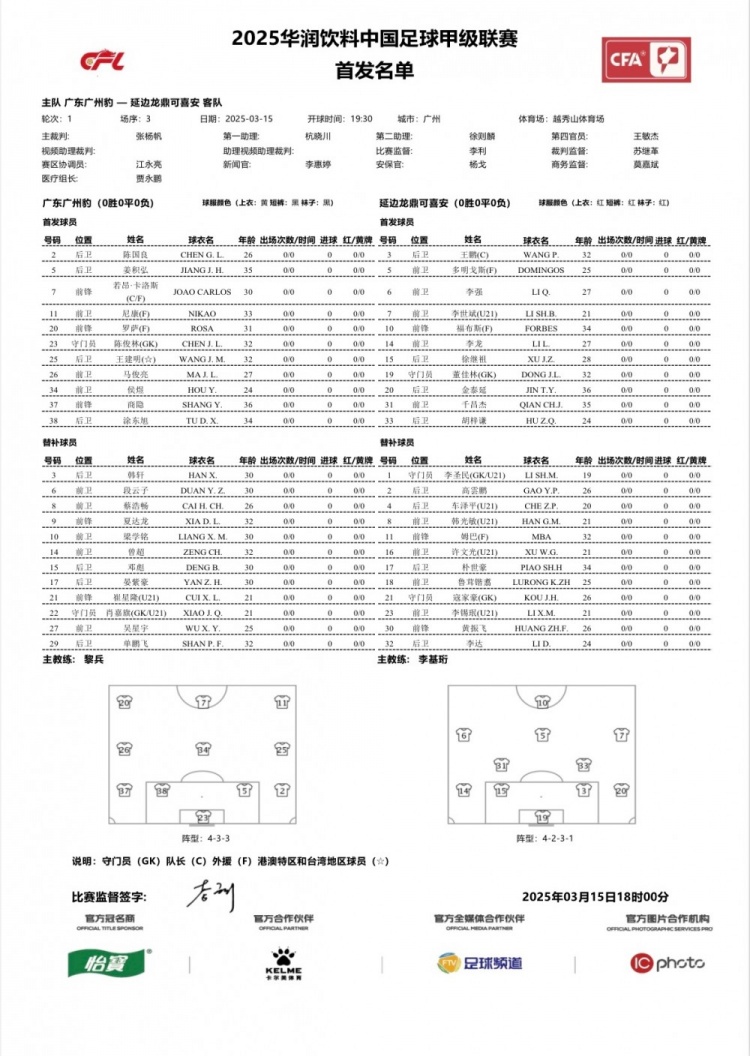 廣州豹vs延邊龍鼎首發(fā)：卡洛斯、羅薩、尼康三外援領(lǐng)銜廣州豹