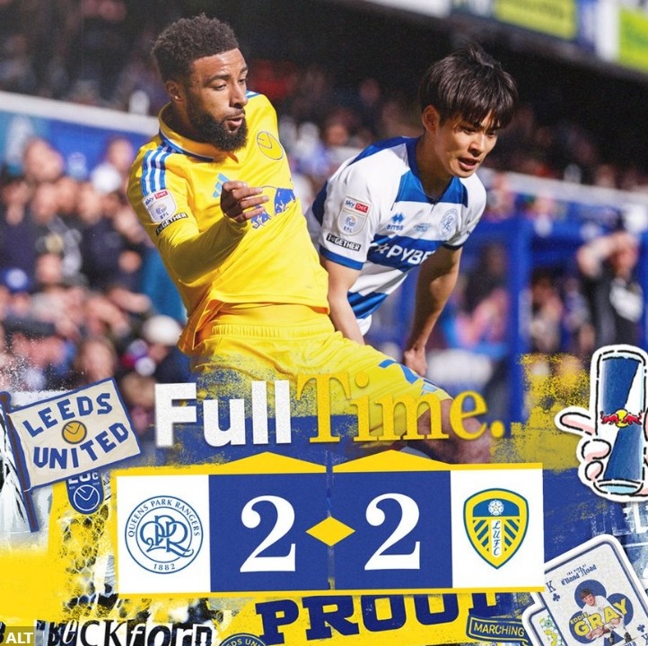 英冠榜首利茲聯(lián)連追兩球2-2戰(zhàn)平QPR，近4輪僅1勝領(lǐng)先優(yōu)勢縮小