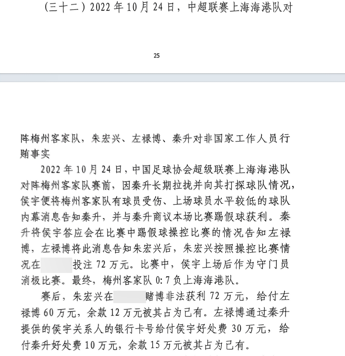 網(wǎng)傳判決書：梅州0-7海港，梅州守門員侯宇收30萬好處費消極比賽